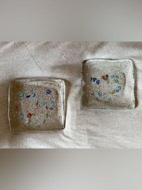 Murano Millefiori And Bubbles Art Glass Square Plates Set Of 2 5 Inch